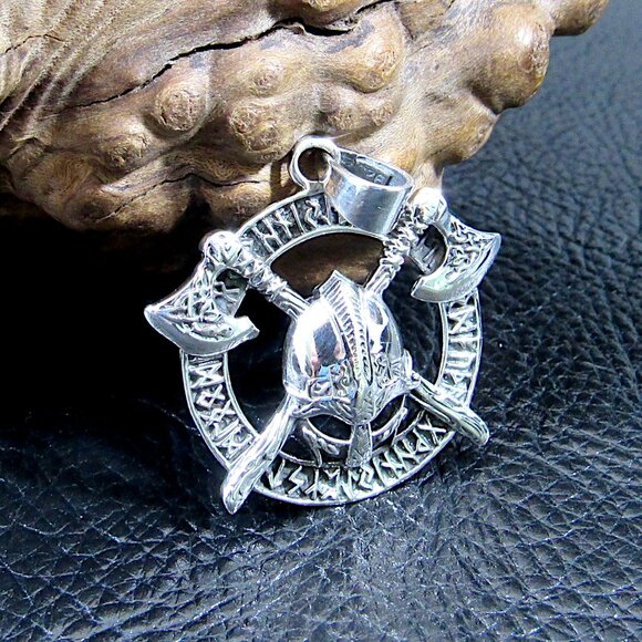 Solid 925 Sterling Silver Viking Helmet & Axes Warrior Pendant with Runes - Picture 1 of 8